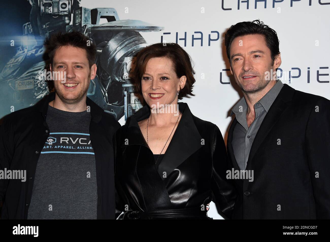 Neill Blomkamp, Sigourney Weaver and Hugh Jackman pose at a photocall for the film Chappie at the Hotel Bristol in Paris, France, on February 26, 2015. Photo by Nicolas Briquet/ABACAPRESS.COM Stock Photo