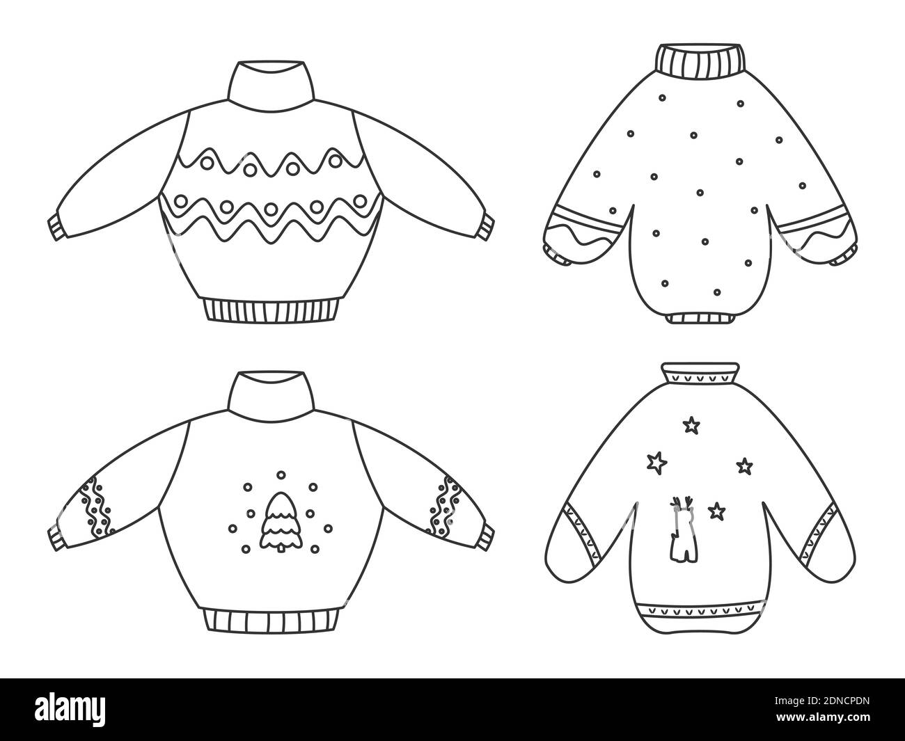 Cute ugly Christmas sweaters linear black set. Knitted winter clothes. Jumper with ornament and deer. Traditional holiday pullover, funny xmas prints. Hygge time. Isolated on white vector illustration Stock Vector