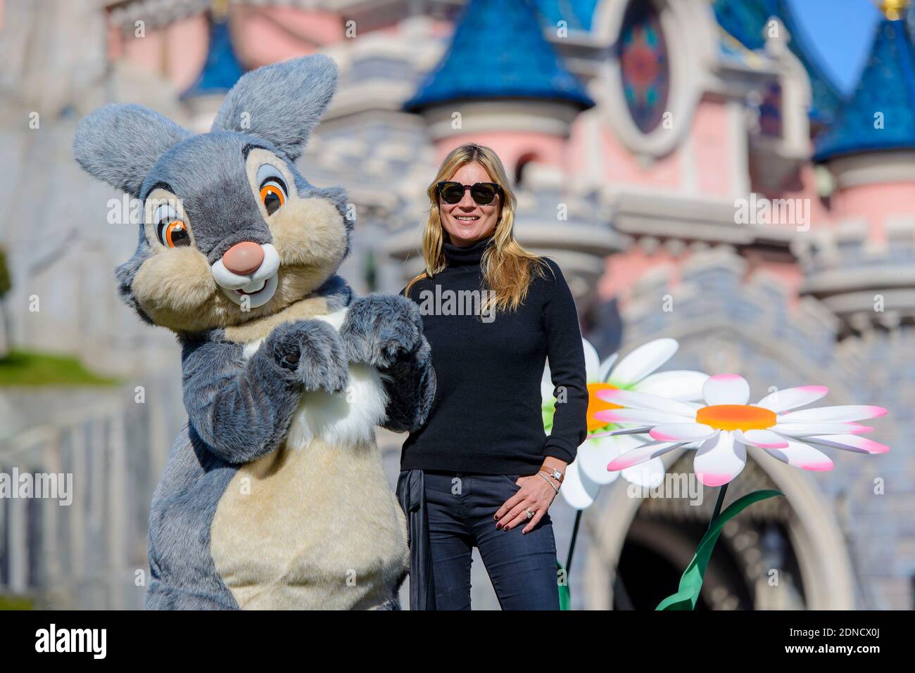 British supermodel Kate Moss poses with 'Pan Pan' aka 'Thumper' during her first ever visit to Disneyland Resort Paris, in Marne-la-Vallee, near Paris, France on March 8, 2015. Kate was accompanied by daughter Lila Grace and husband Jamie Hince. Photo by Disneyland Paris/ABACAPRESS.COM Stock Photo