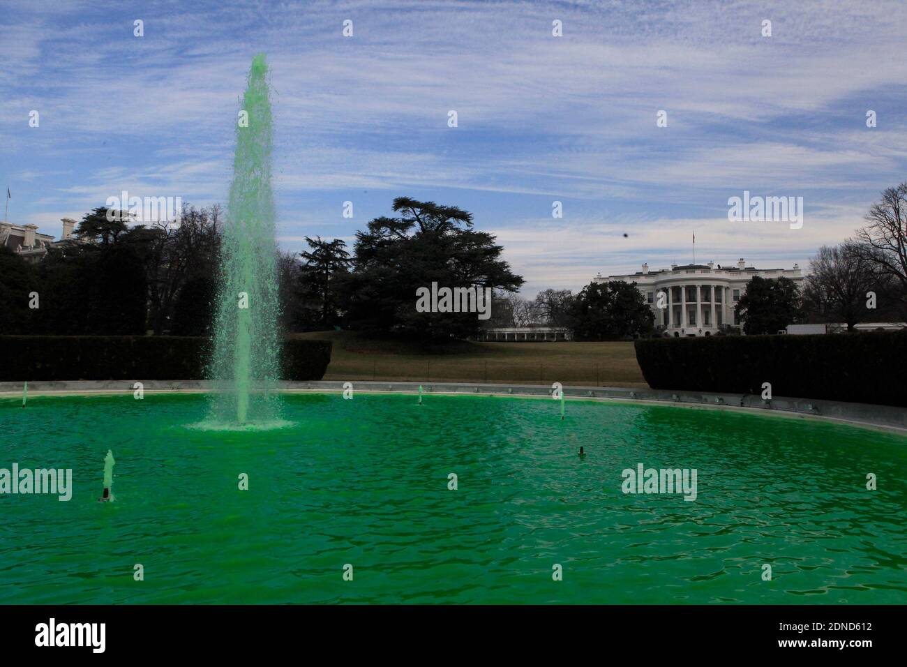 For St. Patrick's Day a green dye was added to the water of the fountain on the South Lawn of the White House in Washington, DC, USA, on March 17, 2015. Photo by Dennis Brack/Pool/ABACAPRESS.COM Stock Photo