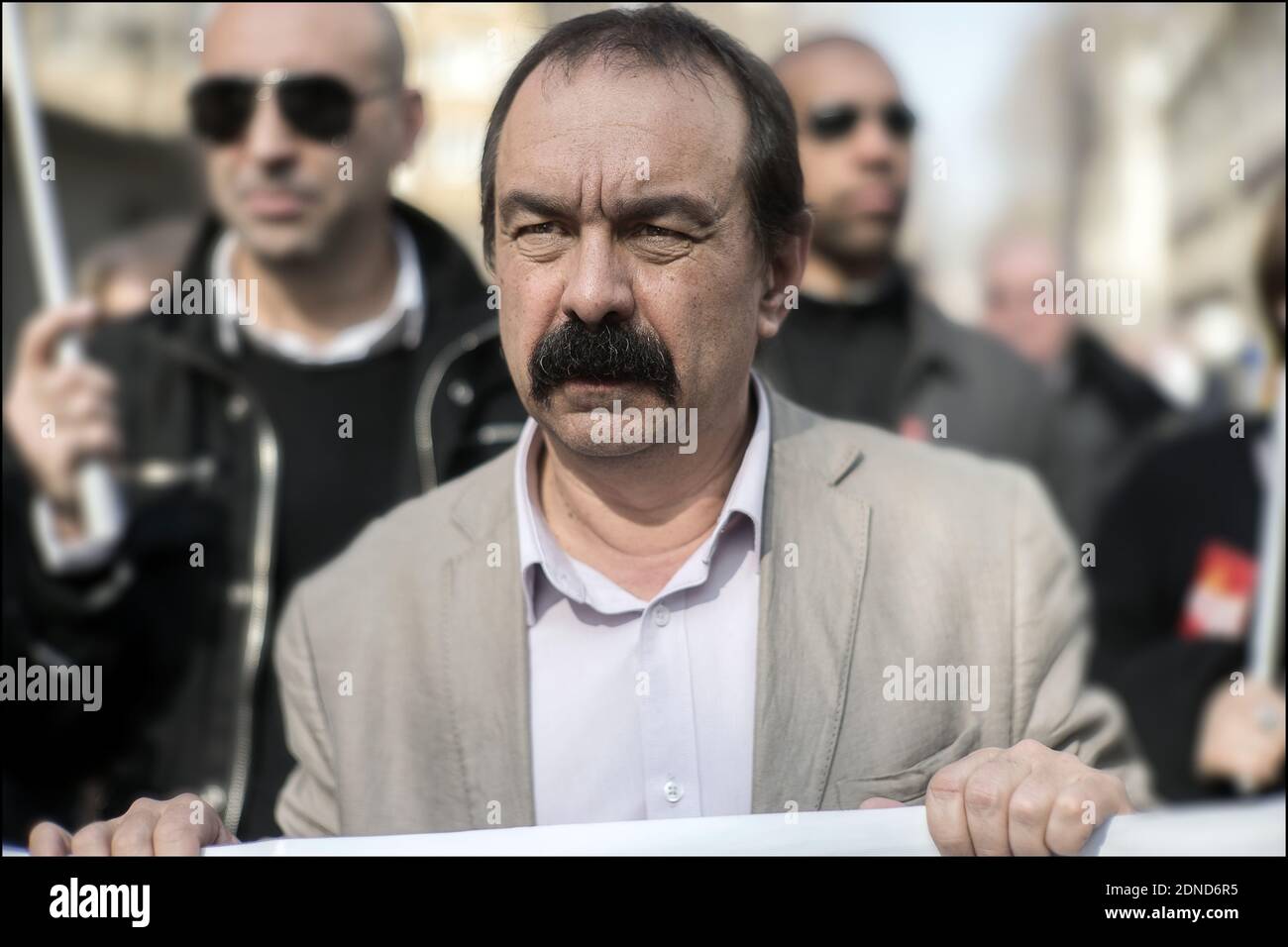 General secretary of CGT union Philippe Martinez talks to the press during a demonstration for pension rights in Paris, France on March 17, 2015. Photo by Renaud Khanh/ABACAPRESS.COM Stock Photo