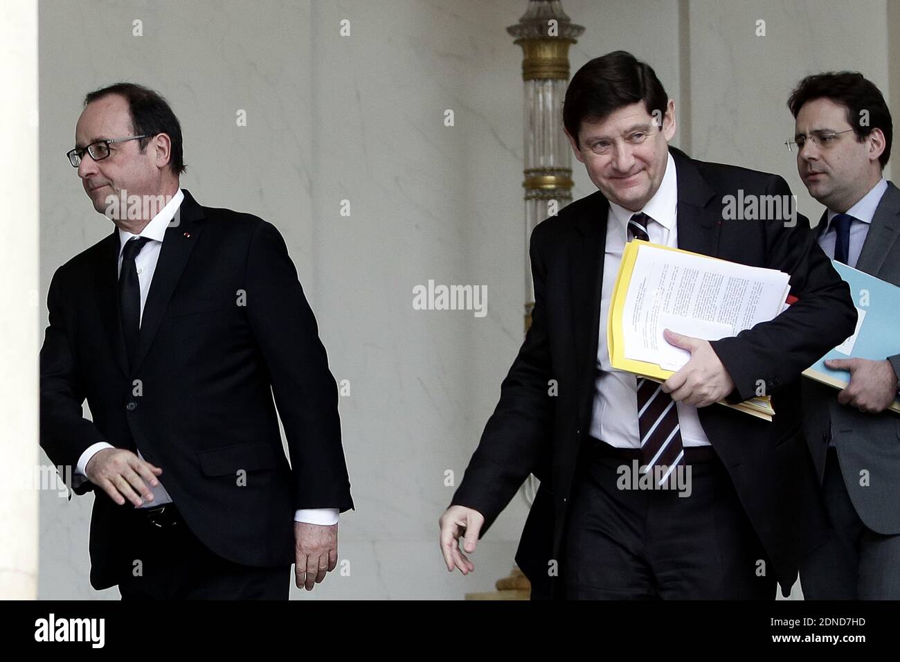 French President, Francois Hollande, French Sports minister, Patrick Kanner and French Secretary of State for Foreign Trade, Tourism Promotion and French Citizens Living Abroad Matthias Fekl leaves the weekly cabinet meeting at the Elysee Palace in Paris, France, on march 19, 2015. Photo by Stephane Lemouton/ABACAPRESS.COM Stock Photo