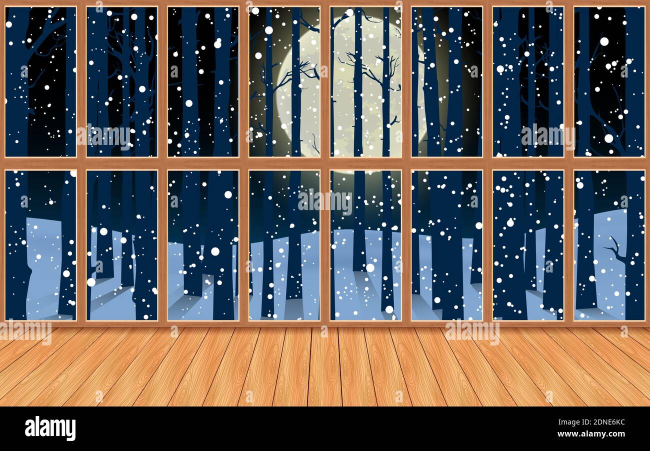 landscape of snow forest at wooden house in the night Stock Vector ...