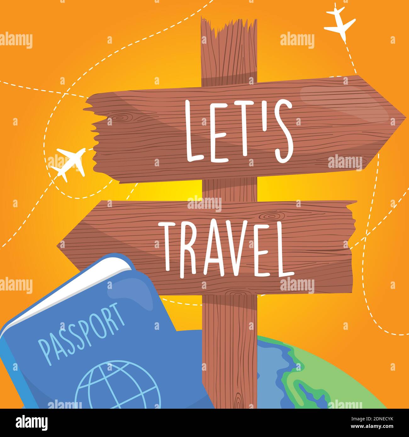 lets travel road sign on world with passport design, trip tourism and