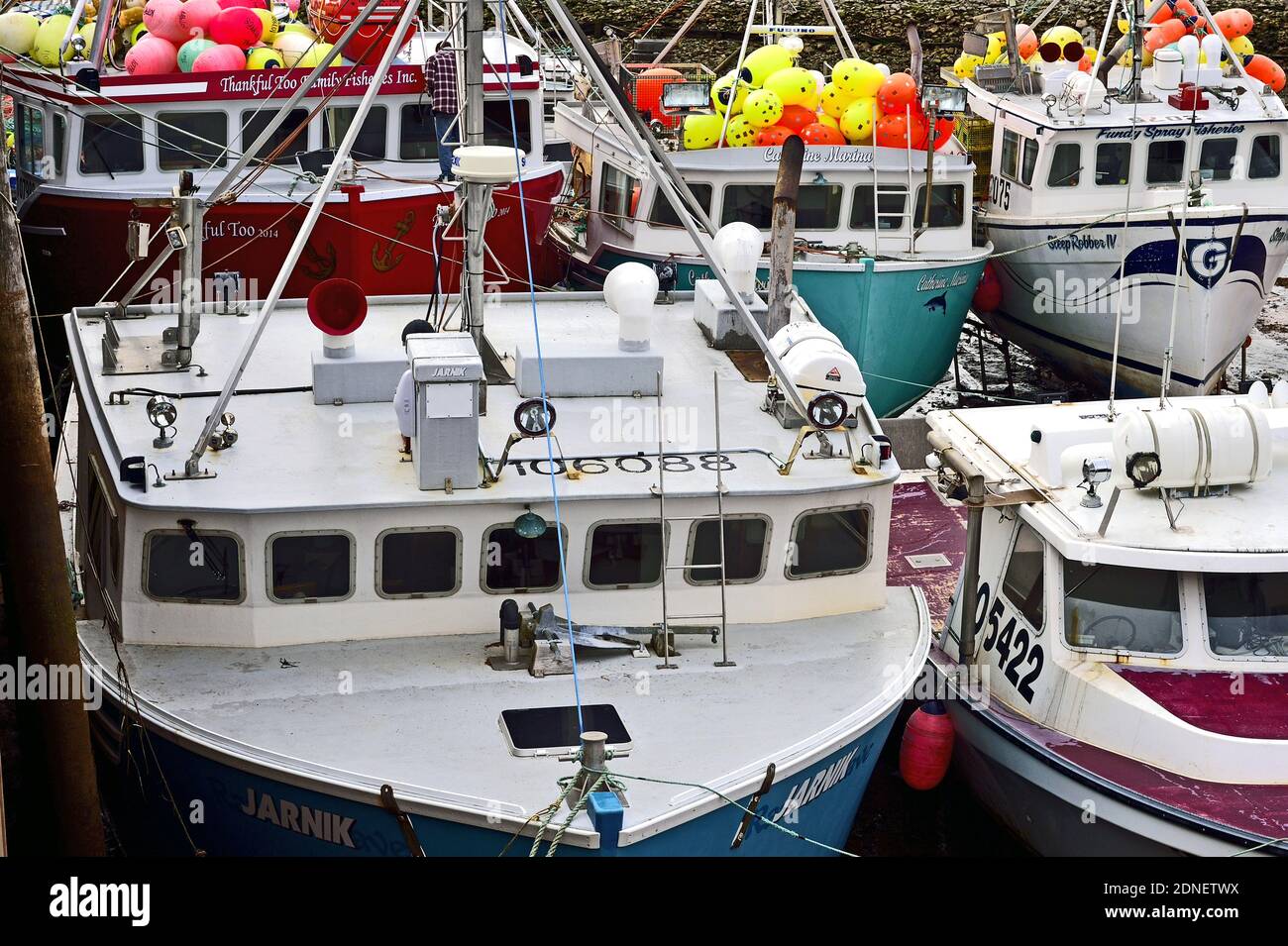 A close up section of lobster fishing boats docked at the warf in Alma