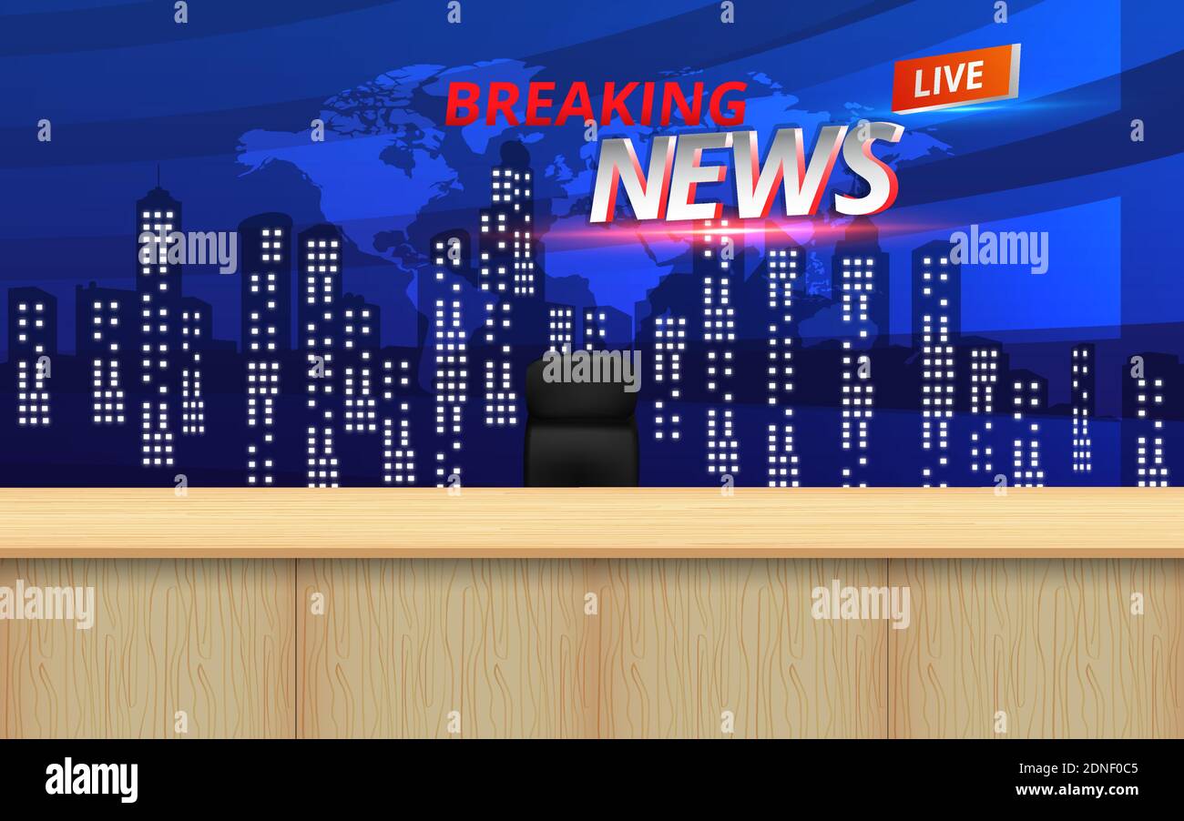 wooden table and lcds background in the news studio room Stock Vector