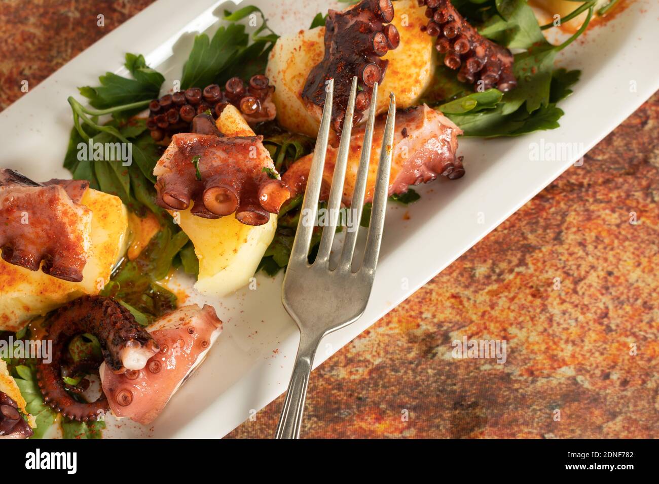 Elongated tray with Galician Octopus, with potatoes, paprika, olive oil on a rustic granite background. Spanish ethnic cuisine concept. Stock Photo