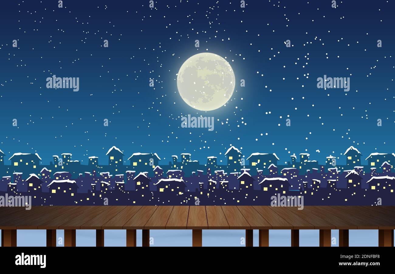 landscape of city at wooden bridge in the night in winter Stock Vector ...