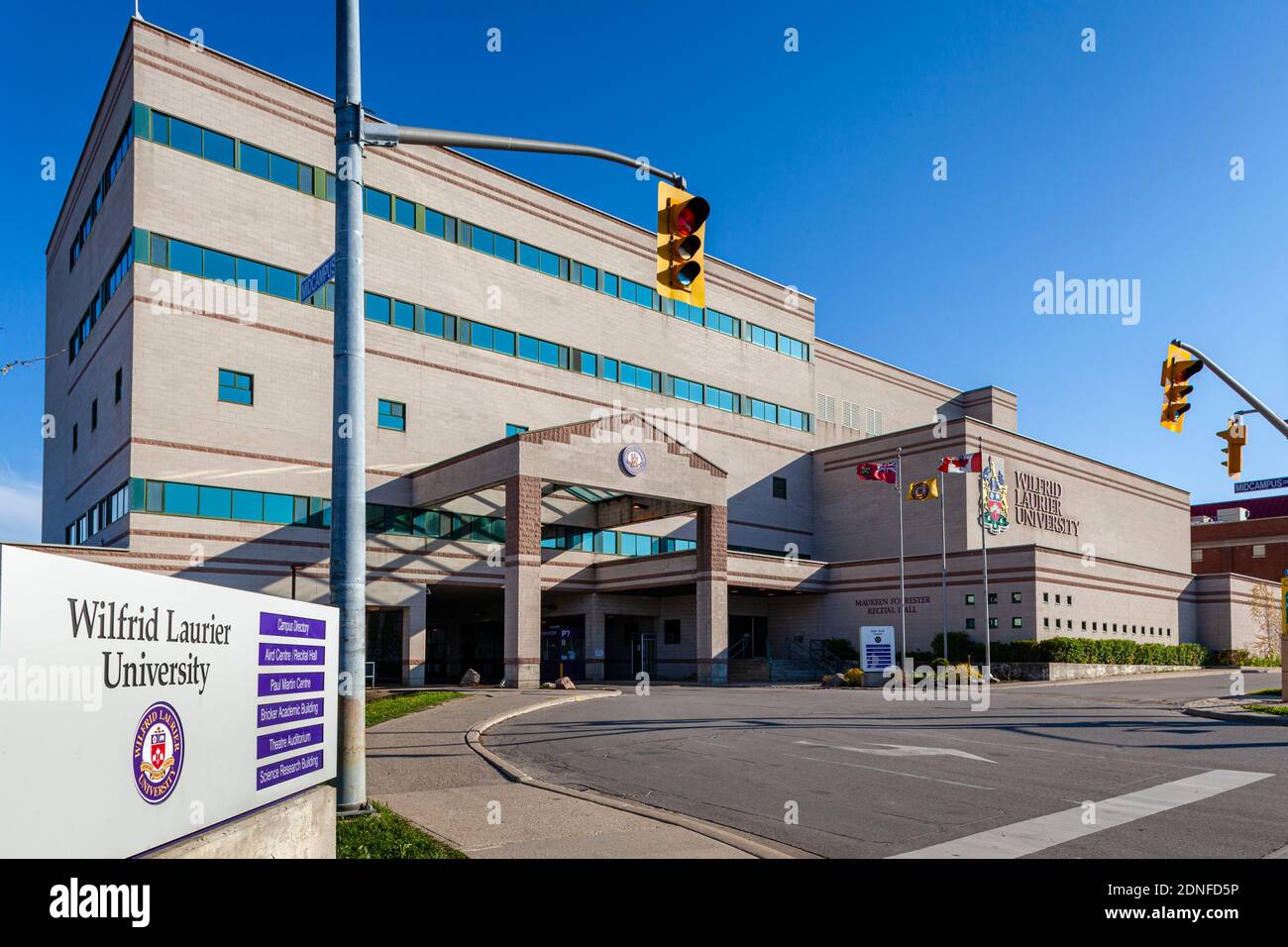 A low angle view of the Aird Centre and Maureen Forrester Recital Hall building at Wilfrid Laurier University Stock Photo