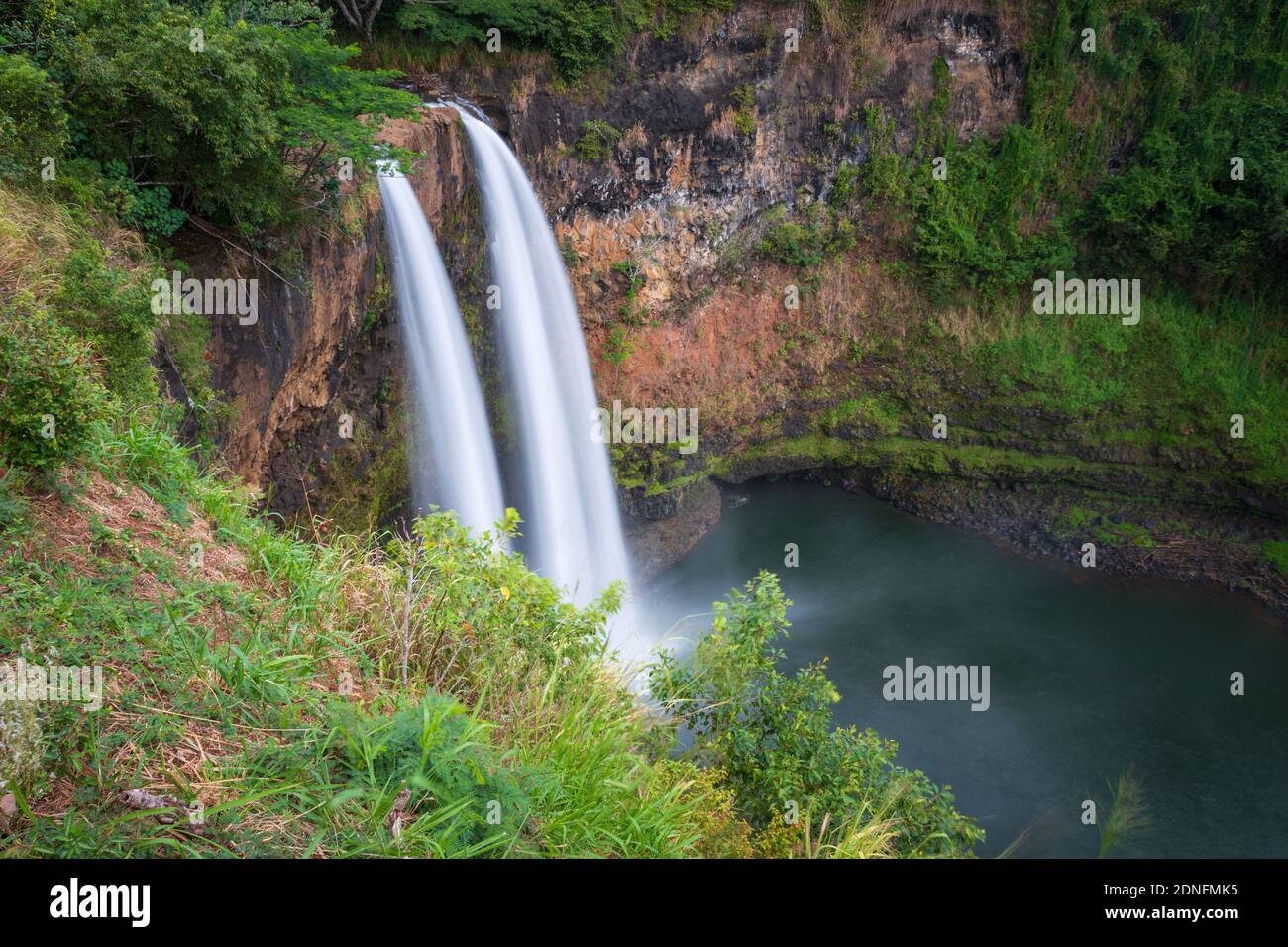 Majestic Twin Wailua Waterfalls On The Hawaiian Island Of Kauai Usa