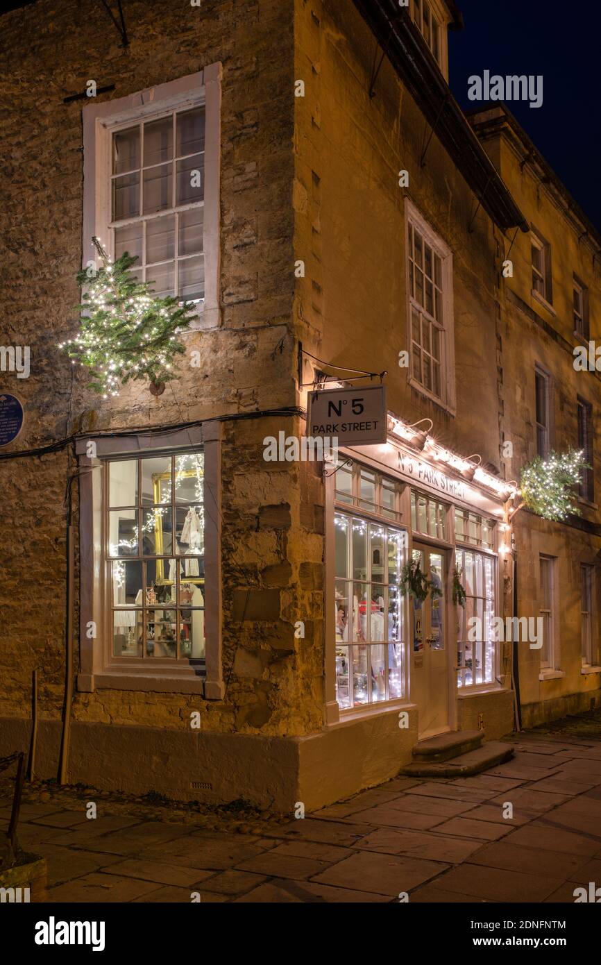 Park street with christmas decorations at night. Woodstock, Oxfordshire