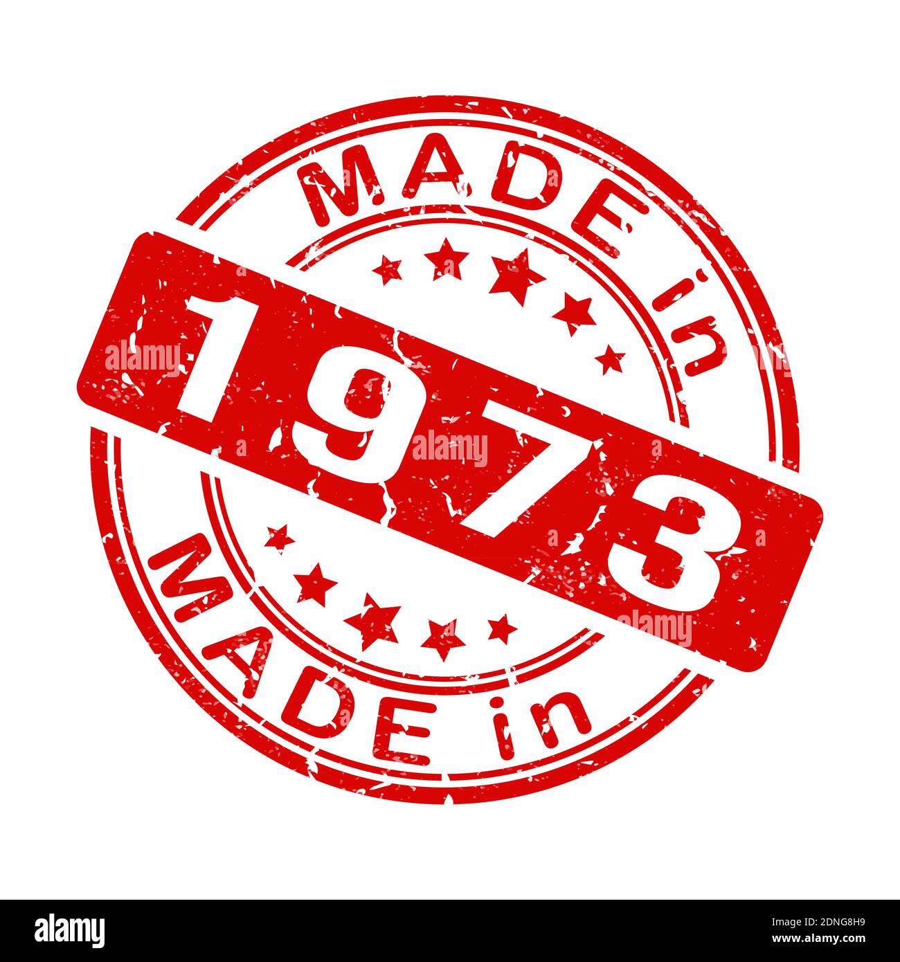 Imprint of a seal or stamp with the inscription MADE IN 1973. Label, sticker or trademark. Editable vector illustration. Flat style. Stock Vector