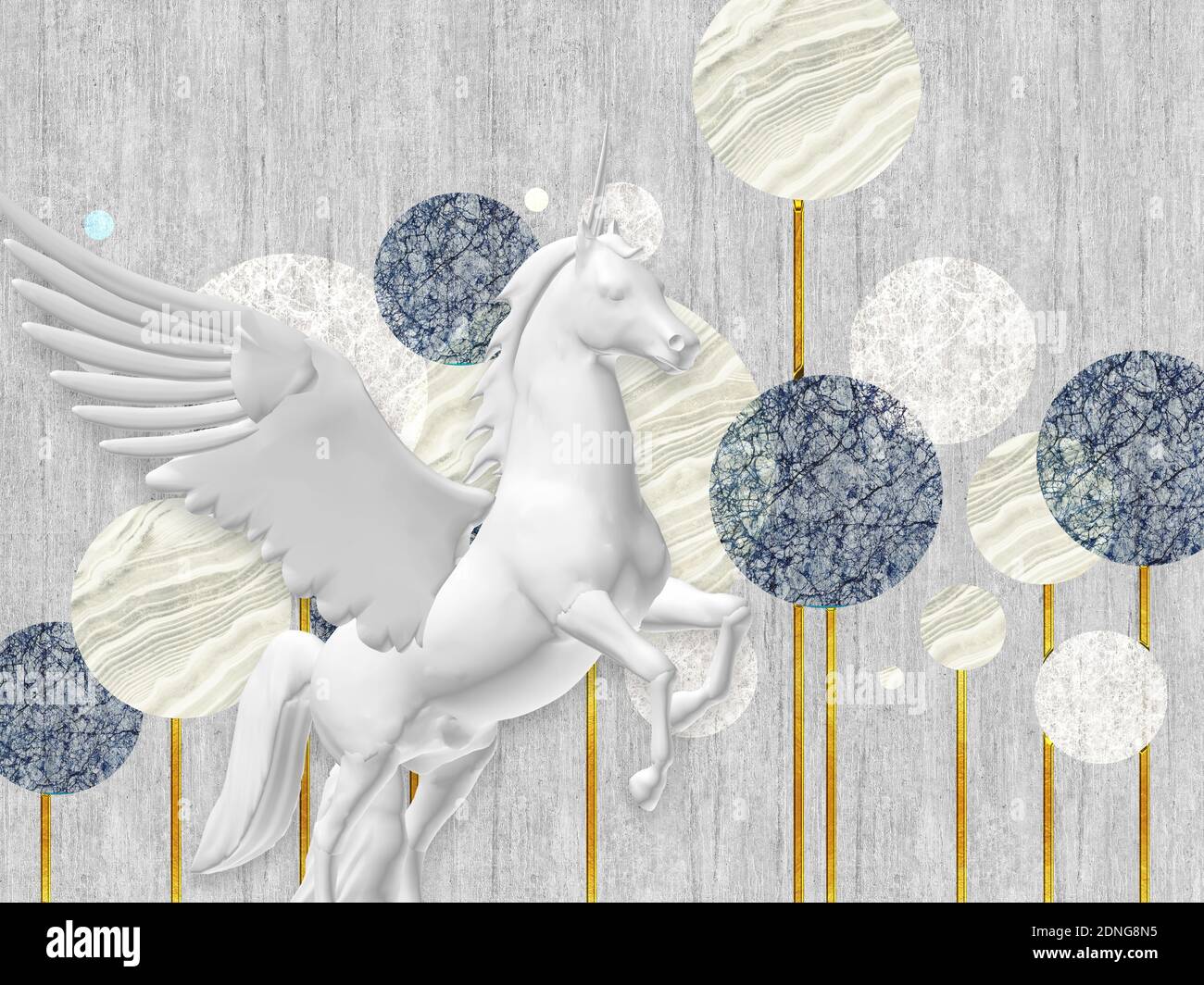 3d illustration, gray background, fabulous monochrome dandelions on gilded stems, gray pegasus in the foreground Stock Photo
