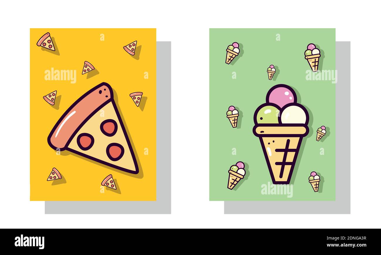 pizza and ice cream labels design of food eat restaurant and menu theme