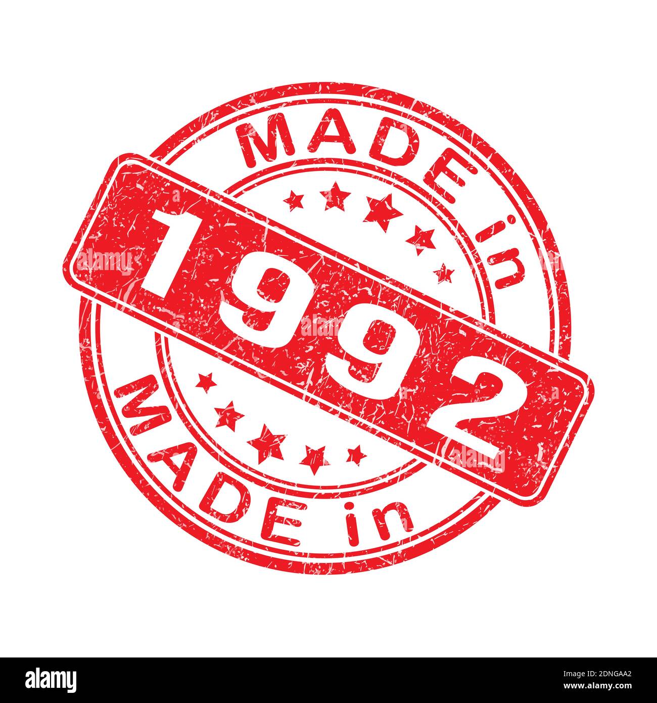 An imprint of a seal or stamp with the inscription MADE IN 1992. Editable vector illustration. Label, sticker or trademark. Flat style. Flat style. Stock Vector