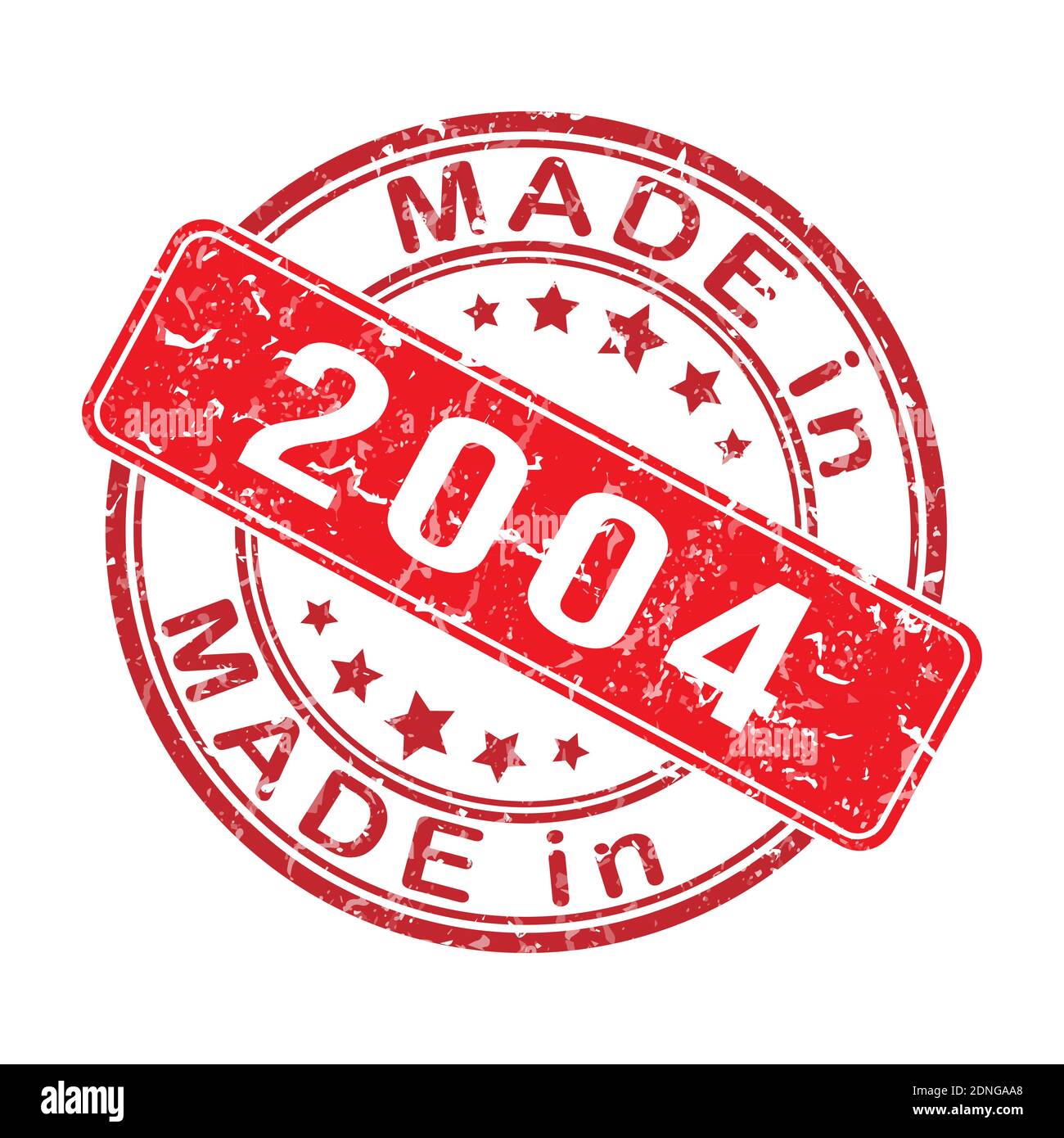 Imprint of a seal or stamp with the inscription MADE IN 2004. Editable vector illustration. Label, sticker or trademark. Flat style. Stock Vector