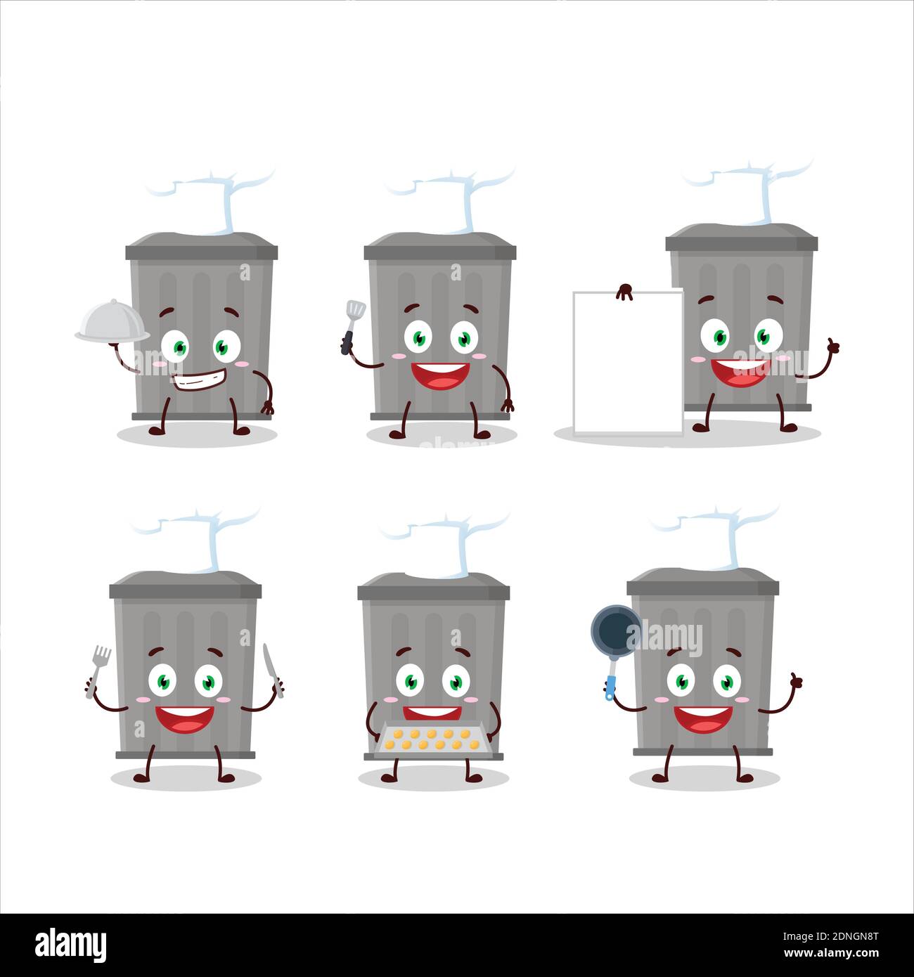 Cartoon character of trash can with various chef emoticons. Vector
