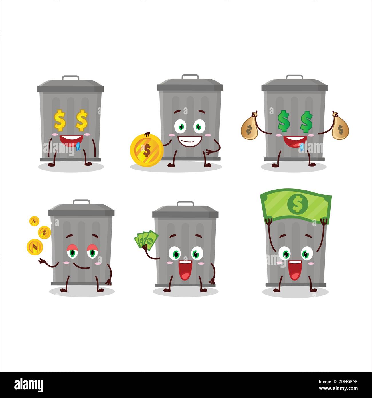 Trash can cartoon character with cute emoticon bring money. Vector