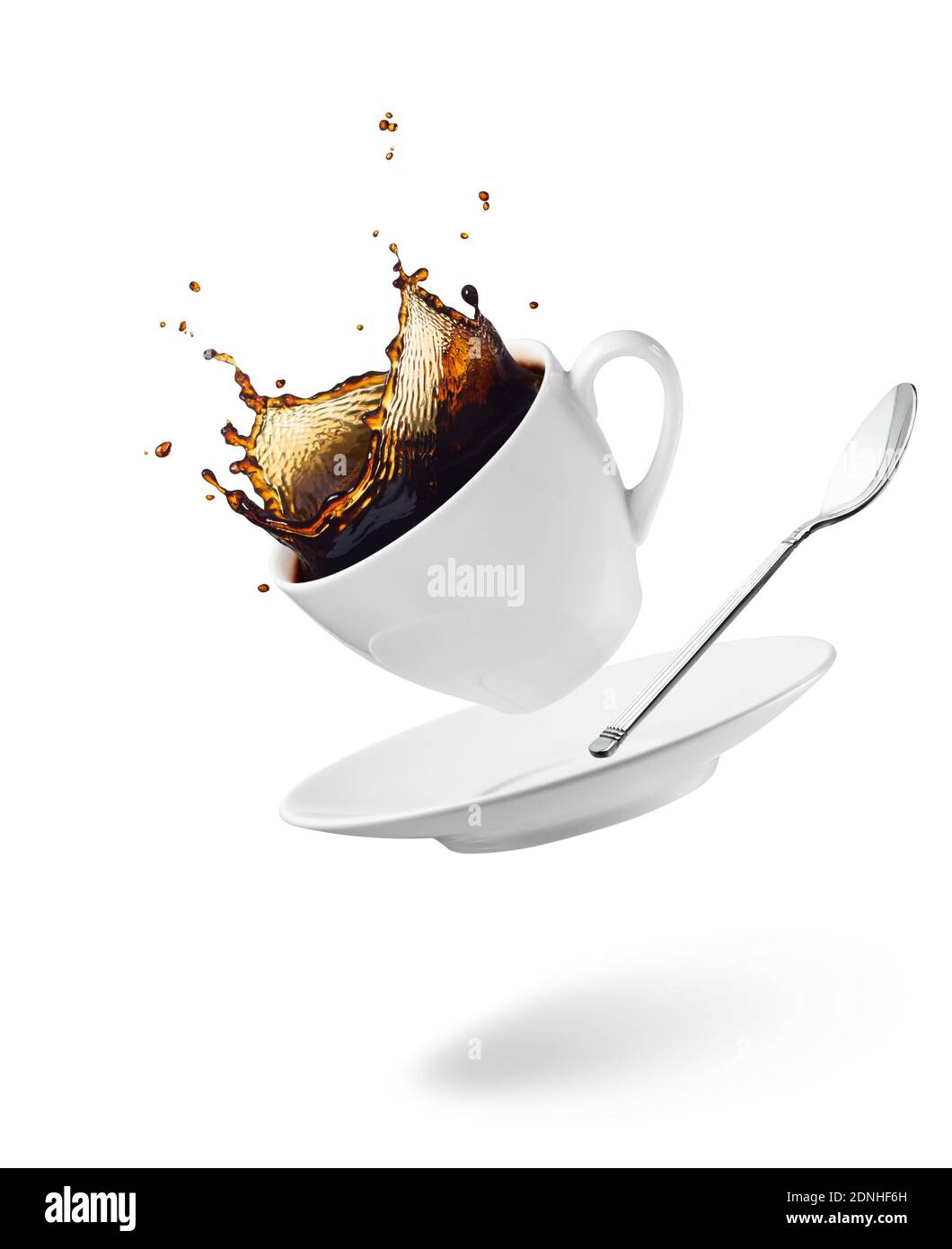 cup of spilling black coffee with splash Stock Photo