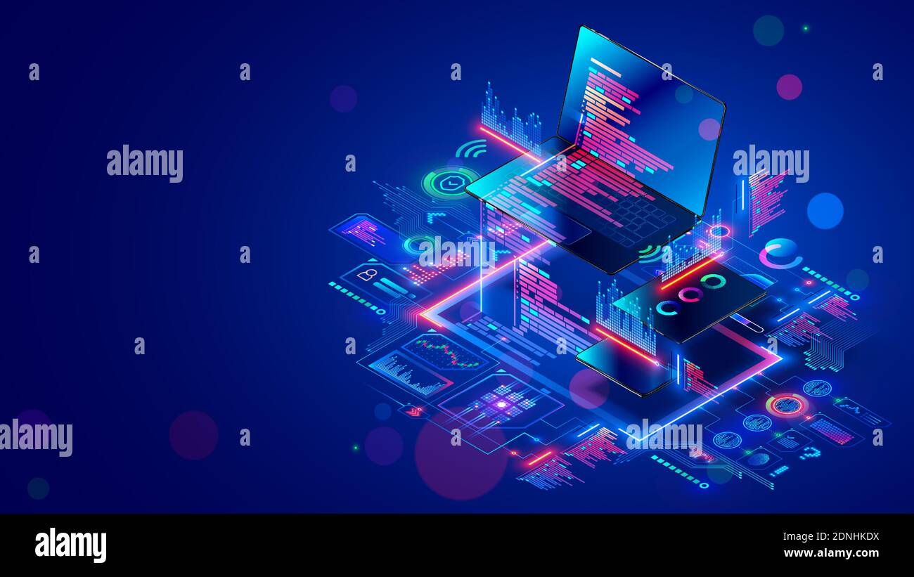 Software development for different devices. Process of optimization, debugging program or code for laptop, phone, tablet. Creation adaptive Stock Vector