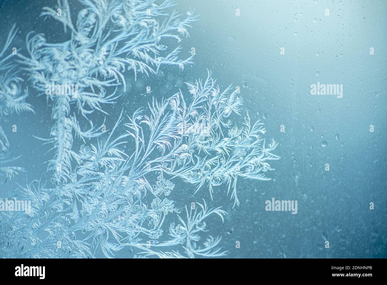 Beautiful sparkling natural frost pattern on the blue window glass ...