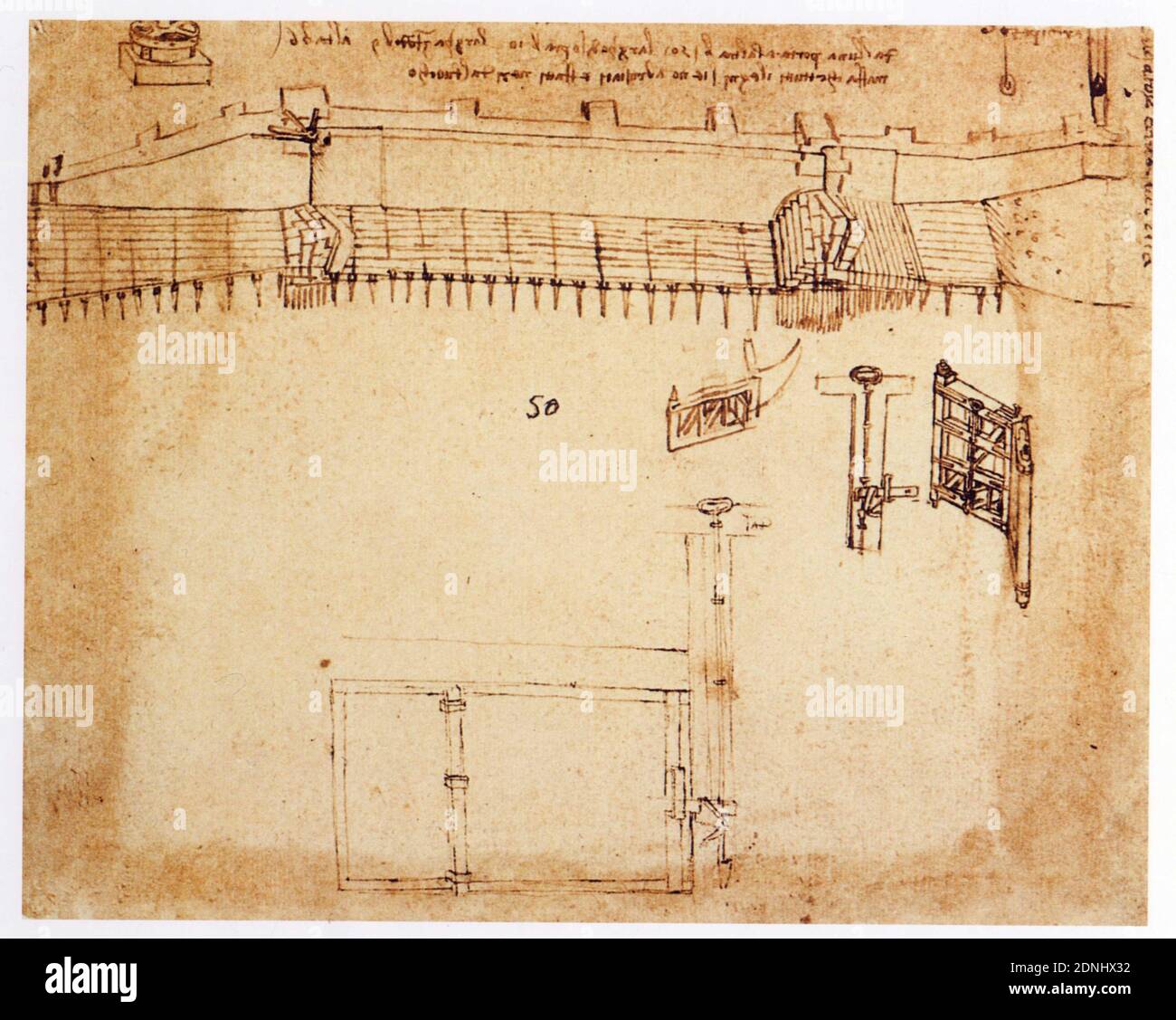 Leonardo da Vinci. Étude d'écluse très résistante avec détail des portes disposées en chevron Stock Photo
