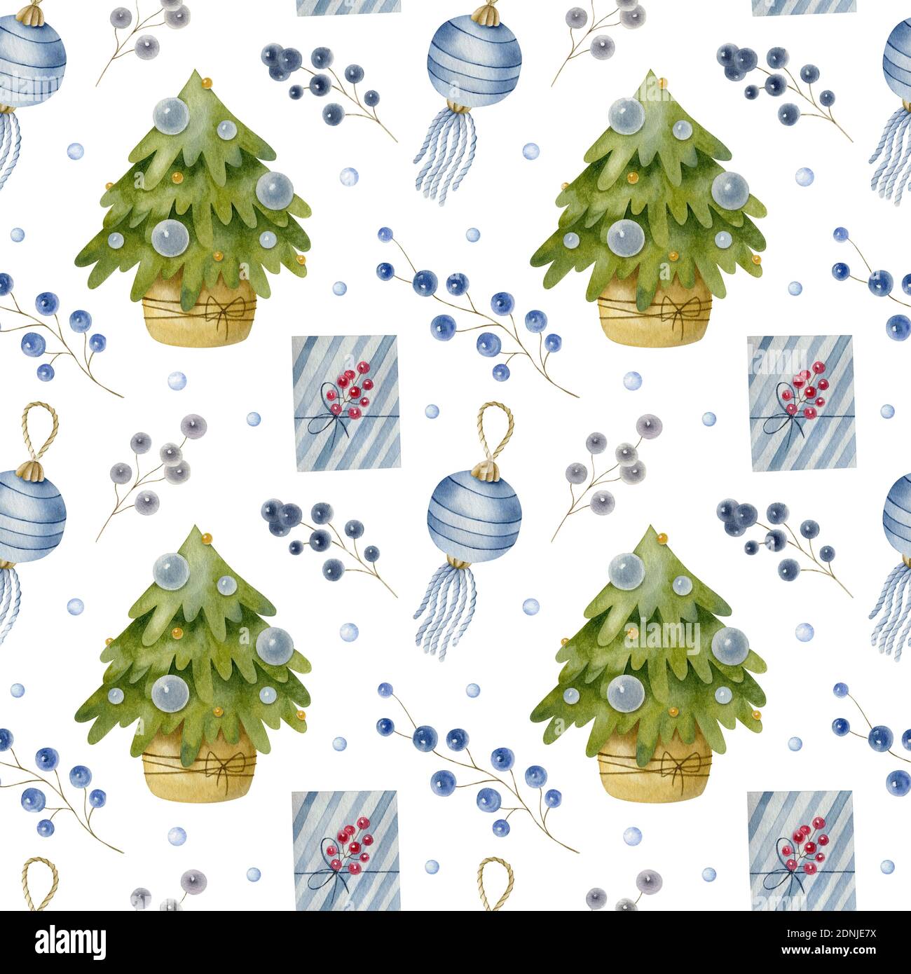 Watercolor Christmas seamless pattern with Christmas tree, ball, berry, and gift. Watercolor festive illustration on the light background. Stock Photo