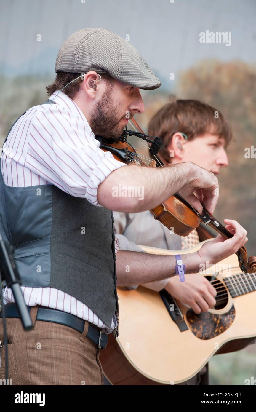 Gabe Witcher and Chris Eldridge of the Punch Brothers performing at the Larmer Tree festival, UK Stock Photo