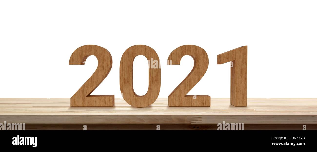 2021 numbers on wood table top in white banner background Stock Photo