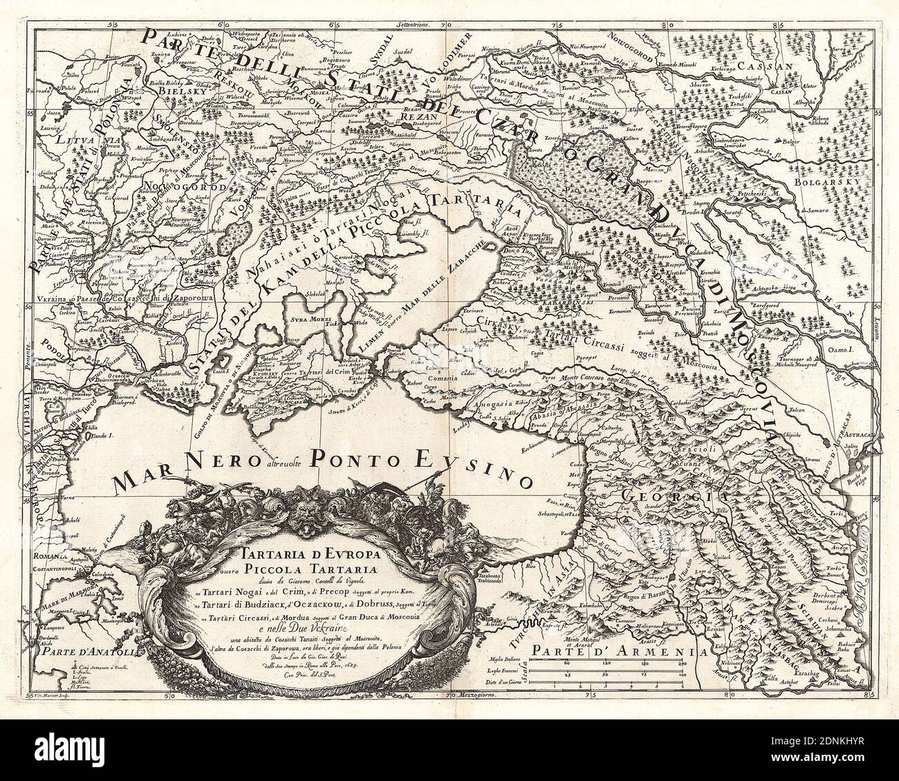 Map of the Eastern part of Europe (Ukraine, Crimea, Caucasus, Russia). 'Tartaria d Evropa ouero Piccola Tartaria'. Map of 1684. Stock Photo
