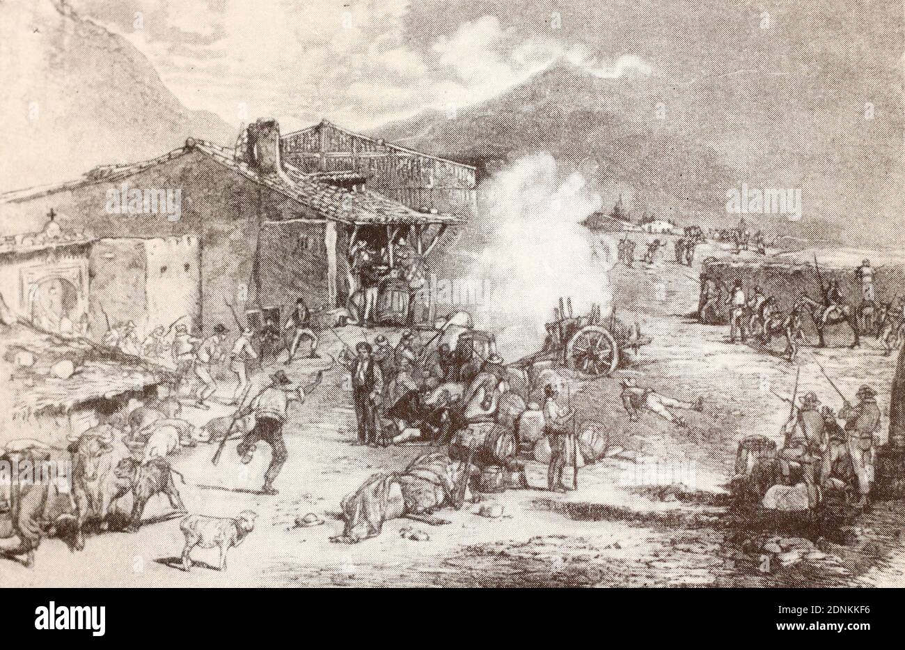 Peasants who refused to pay taxes put up armed resistance to the troops in Spain. Engraving of 1870. Stock Photo