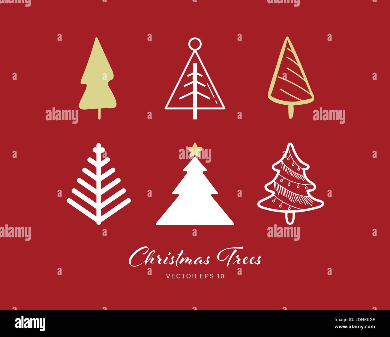 Christmas tree icon set of 6 designs on red color background Stock Vector