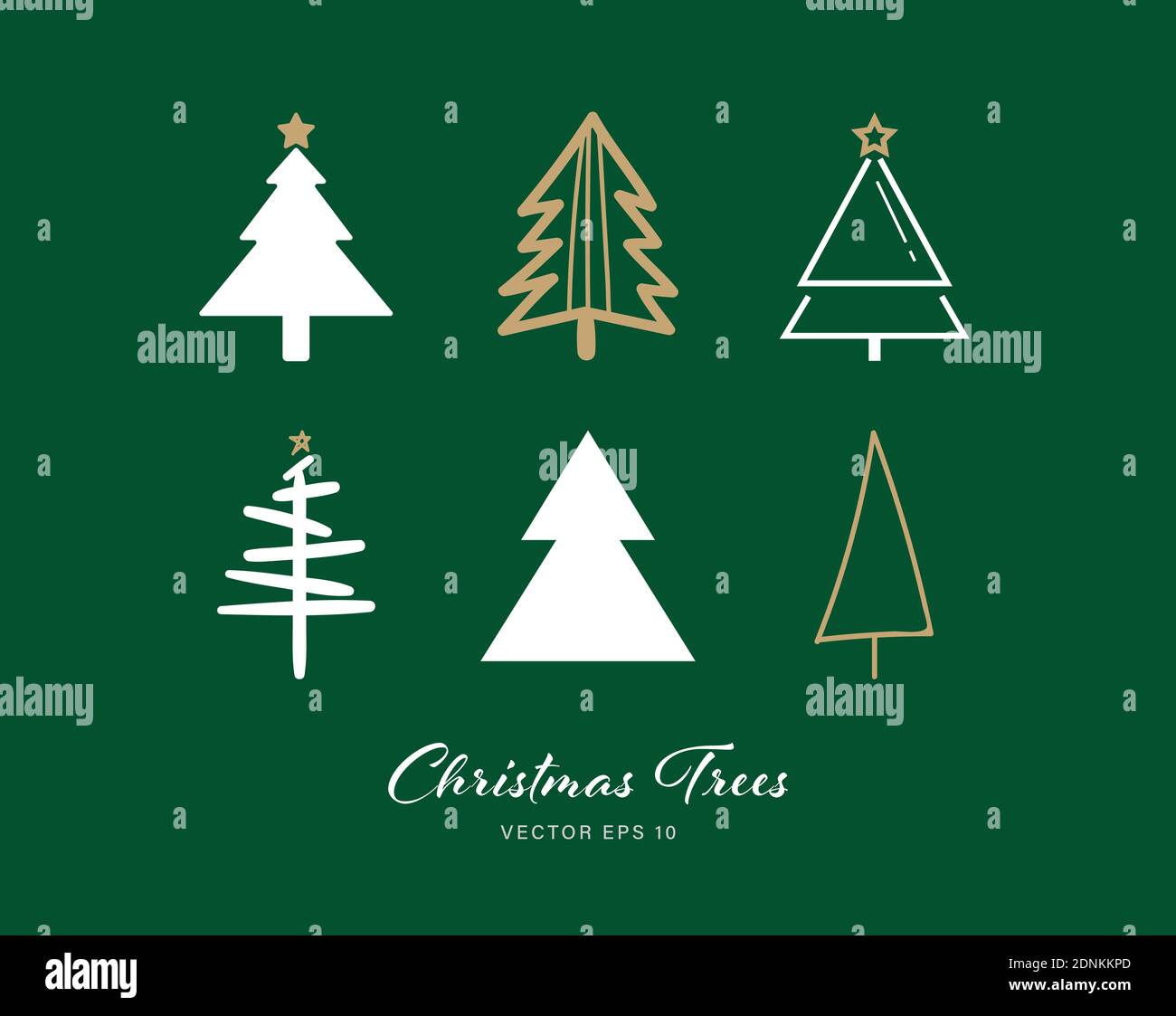 Christmas tree icon set of 6 designs on green color background Stock Vector