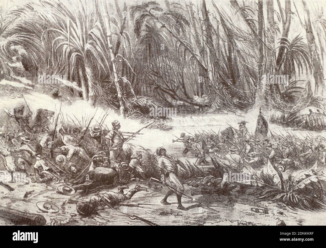 Rebel fight with Spanish troops in Cuba. Engraving of 1870. Stock Photo