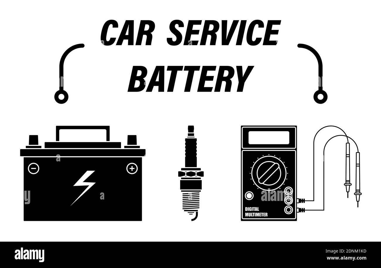 Infographics, car repair service. Digital multimeter, tester. Car battery charge measurement. Automotive spark plug. Set of vector icons Stock Vector
