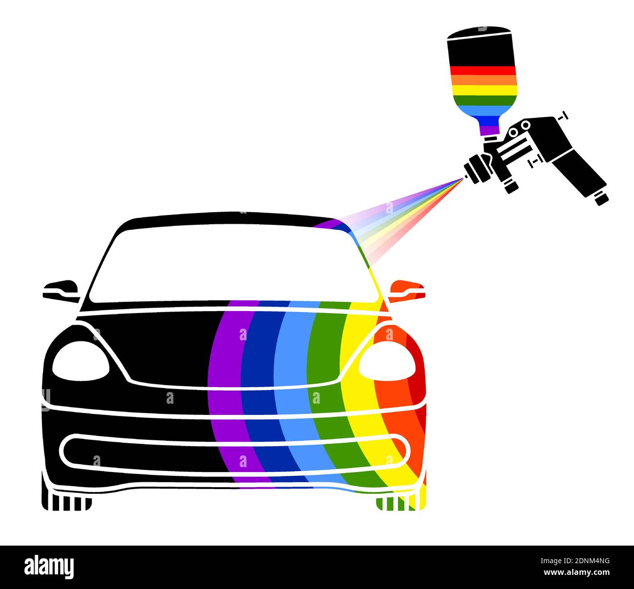Air brush logo with spray of paint in rainbow colors paints a car. Accurate color matching in workshop. Vector icon Stock Vector