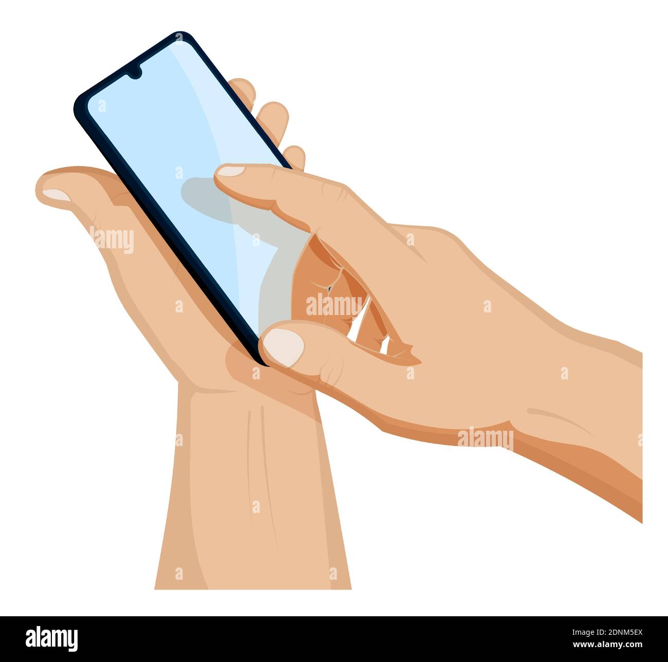 mans hand holds a smartphone and presses a finger on touch screen