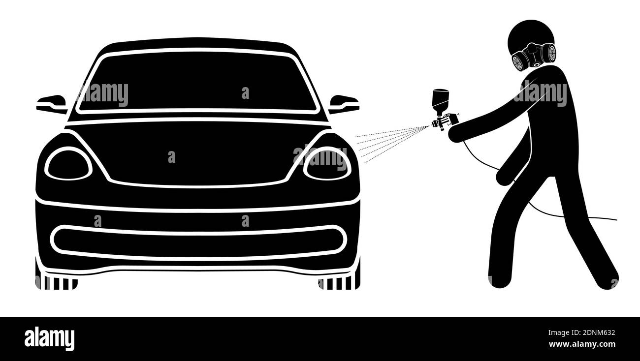 stick man, repairman paints car after repair with air brush. Accurate color matching before painting the car in workshop. Vector Stock Vector