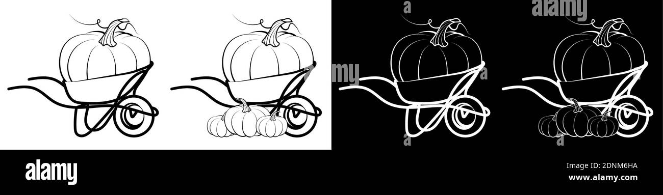 big pumpkin fruit in garden wheelbarrow. Autumn harvest. Autumn Halloween pumpkins. Edible plants. Isolated vector on white background in linear style Stock Vector