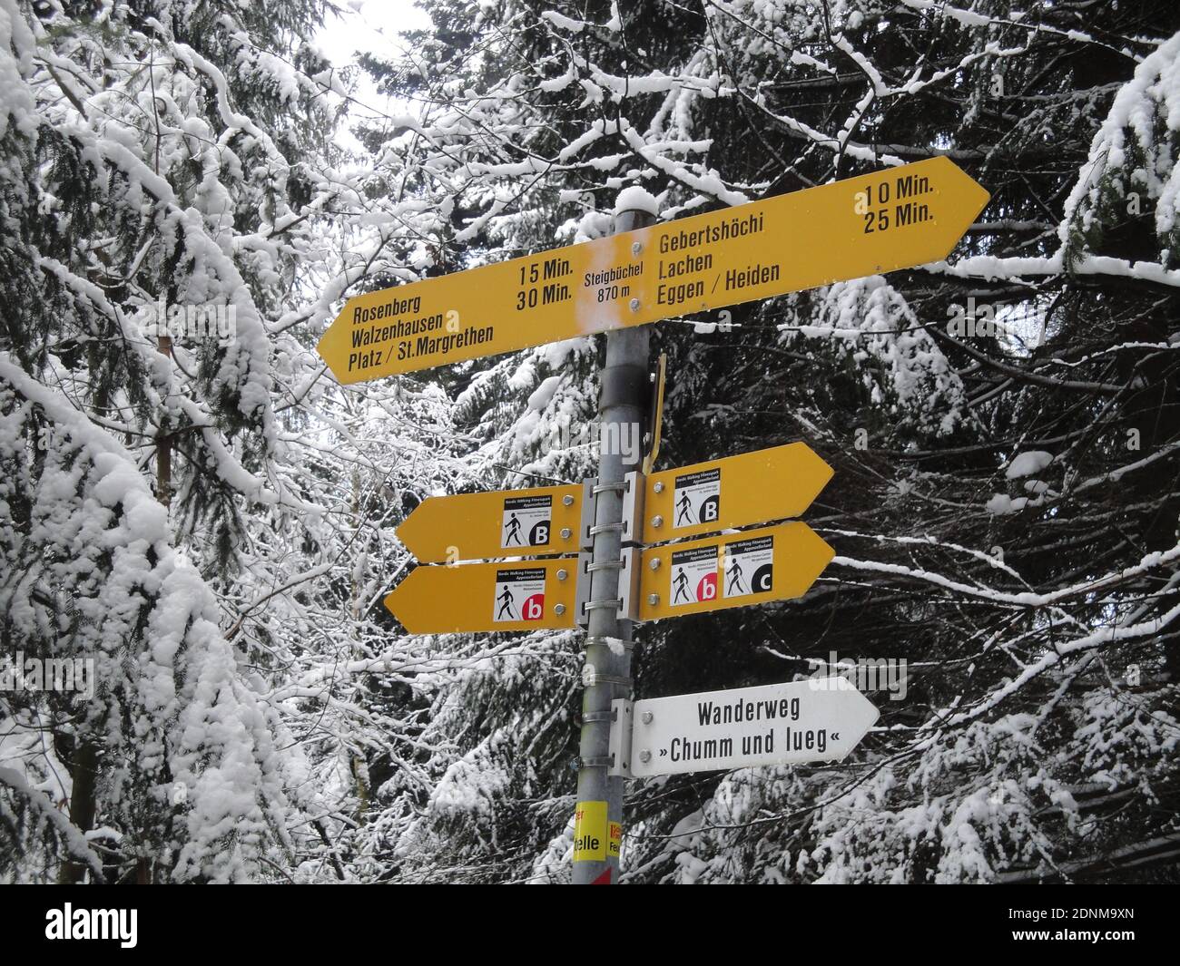 A hikers signpost on a winter hiking above Lake Constance, Appenzell Ausserrhoden, Walzenhausen, Switzerland Stock Photo
