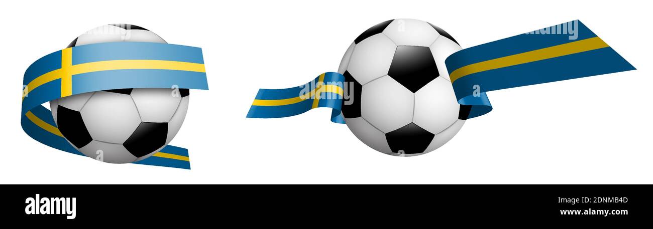 balls for soccer, classic football in ribbons with colors of Sweden flag. Design element for football competitions. Swedish national team. Isolated ve Stock Vector