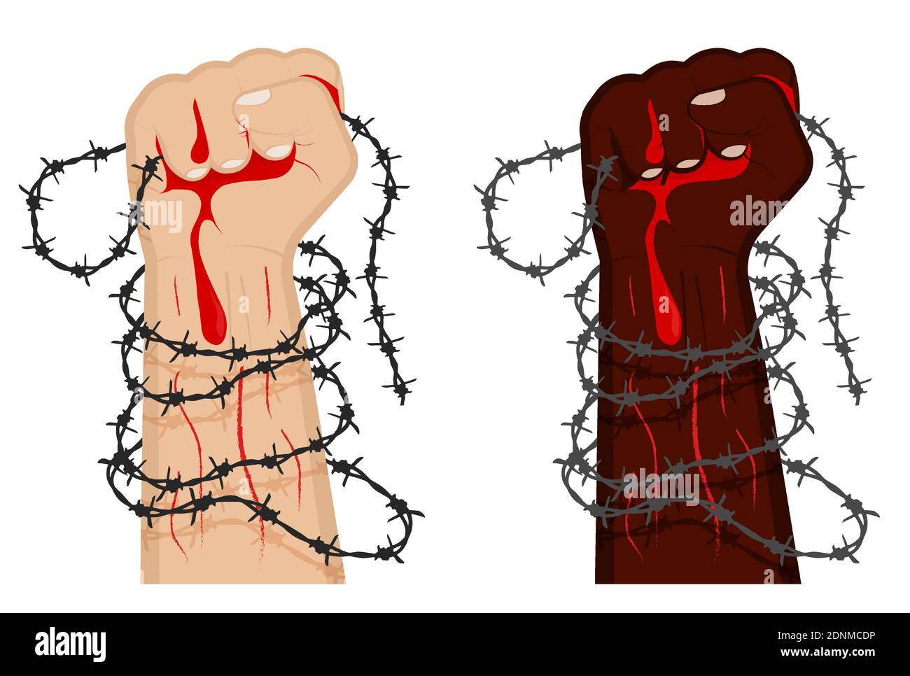 hand clenched into fist in barbed wire loops. Combating injustice and discrimination. Illegally convicted prisoners of prisons and concentration camps Stock Vector