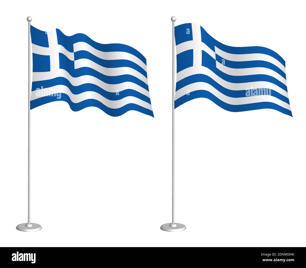 Greece flag on flagpole waving in the wind. Holiday design element. Checkpoint for map symbols. Isolated vector on white background Stock Vector