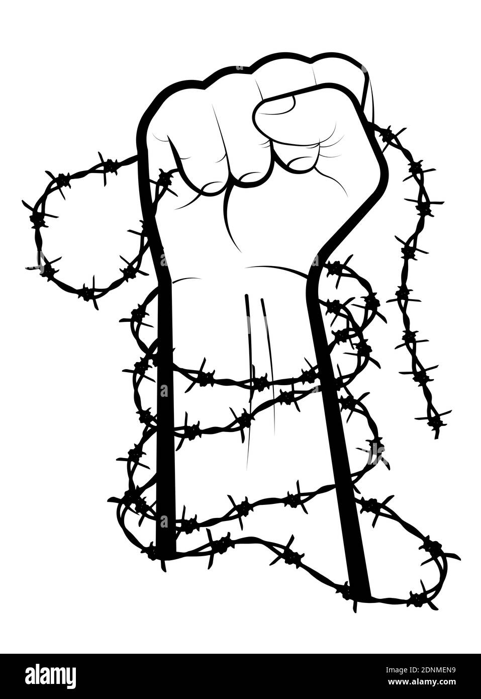 hand clenched into fist in barbed wire loops. Combating injustice and ...
