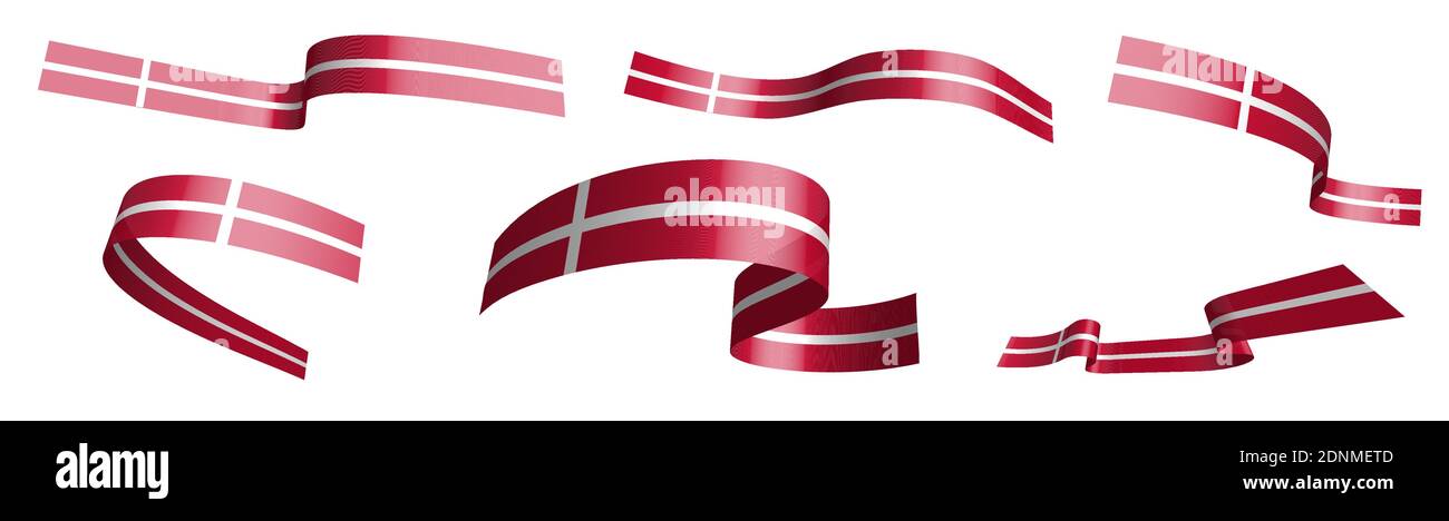 Set of holiday ribbons. Denmark flag waving in wind. Separation into lower and upper layers. Design element. Vector on white background Stock Vector