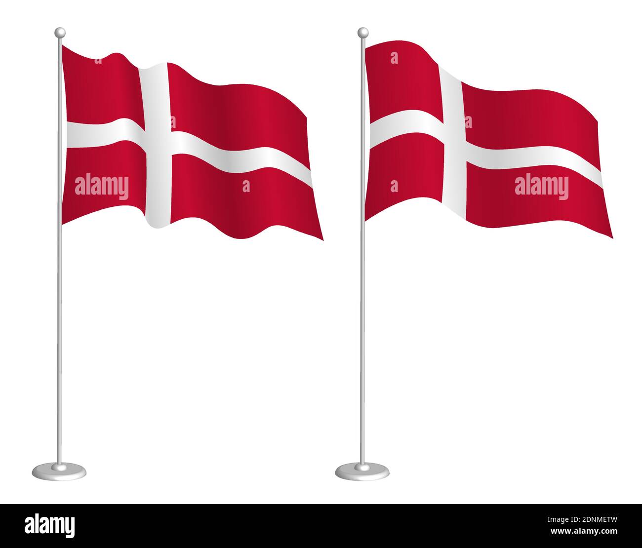 Denmark flag on flagpole waving in the wind. Holiday design element. Checkpoint for map symbols. Isolated vector on white background Stock Vector