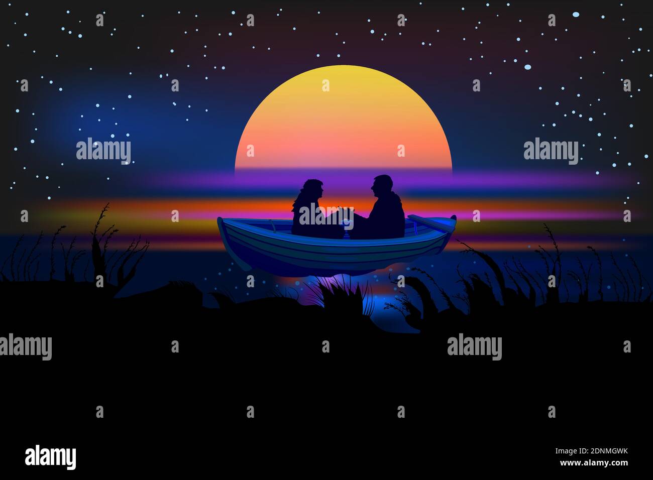 Romantic silhouette of loving couple at sunset in a boat. Valentines ...