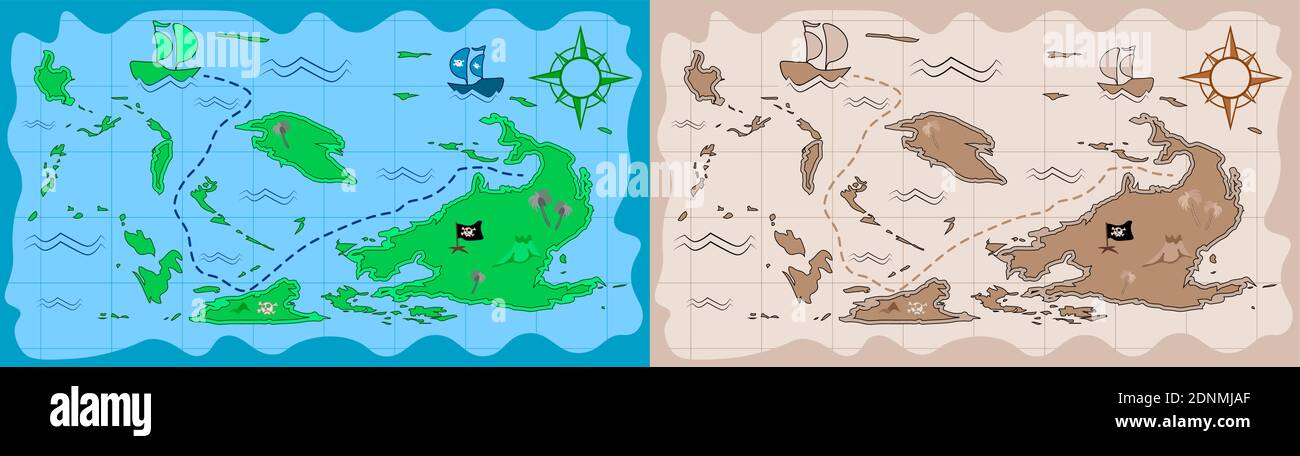 Pirate map in cartoon style. Children games, treasure hunt. Old map with  treasure hunt route. Vector Stock Vector Image & Art - Alamy