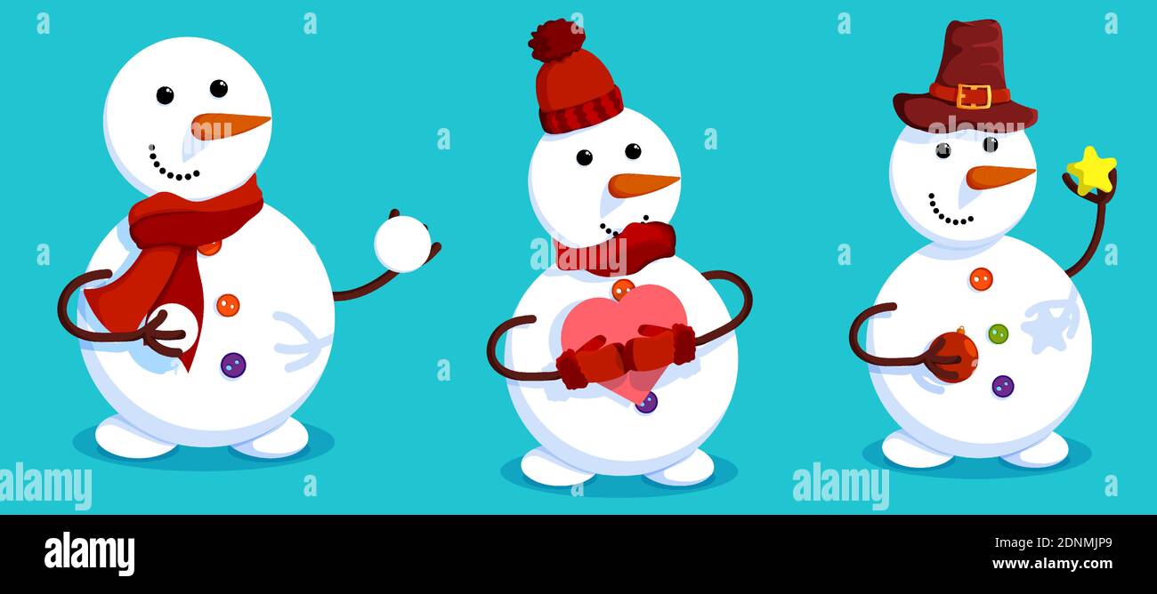 Set Of Cheerful Snowmen In Winter Clothes Christmas Tree Winter
