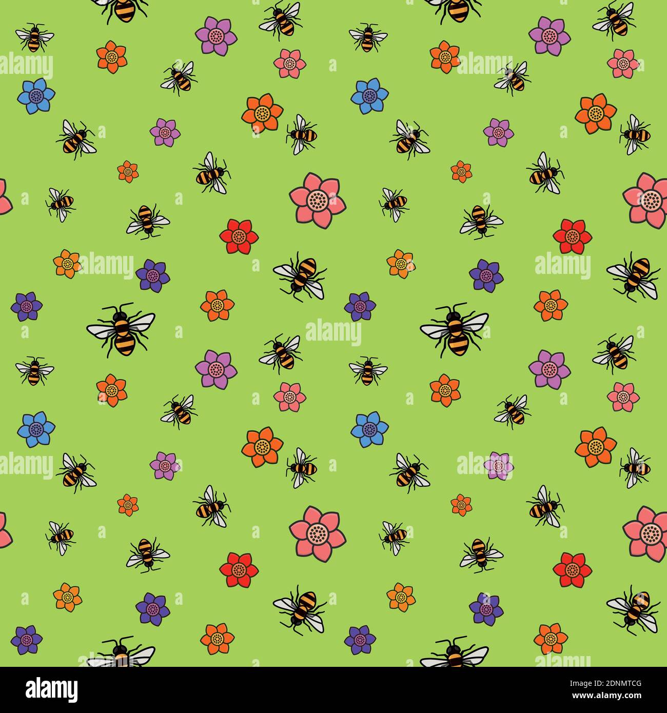 Seamless pattern with bees and flowers over green background. Vector nature wallpaper illustration Stock Vector